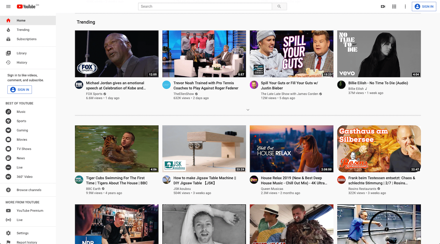 YouTubeのホームページ